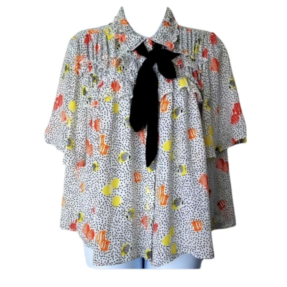 ZARA Pretty Tie Neck Blouse, Fish & Seashell Design Size L